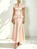 Women Pink Jacquard V Neck Short Sleeve Dressy Coat With Skirt Two-Piece Set