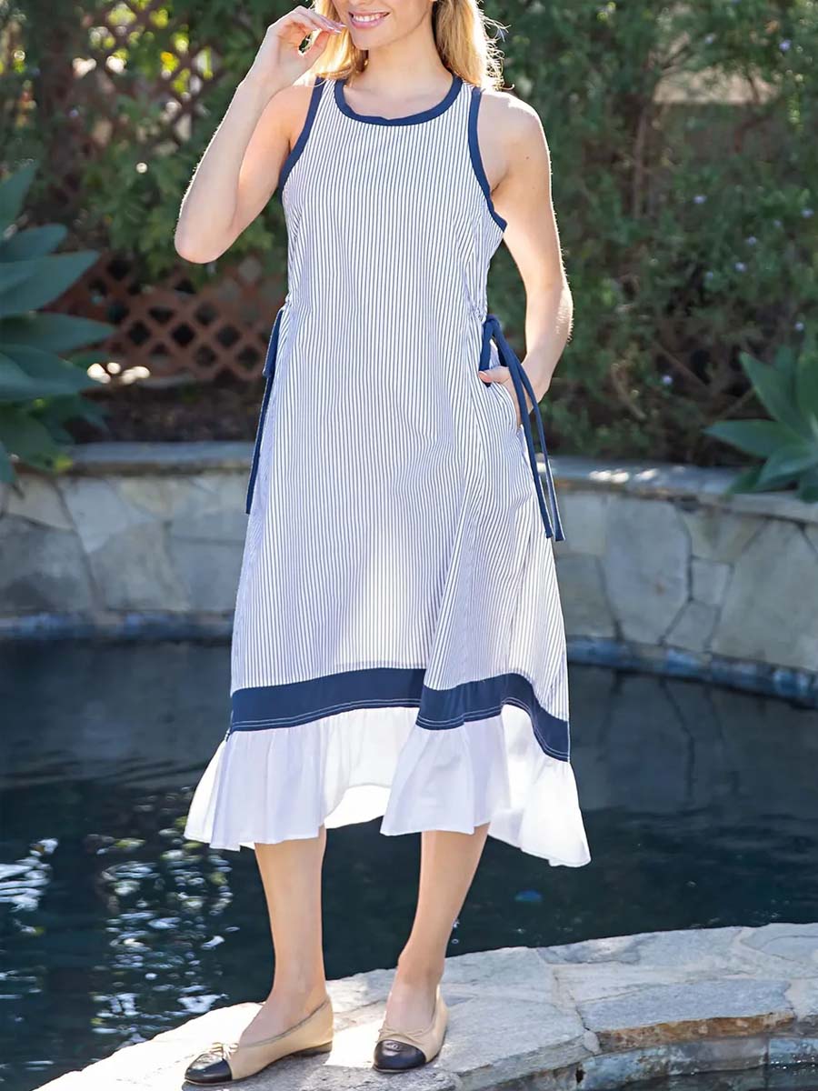 Women's Striped Art Stylish Casual No Sleeve Cotton Linen Dress