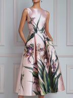 Sleeveless Botanical Print A-Line Midi Dress