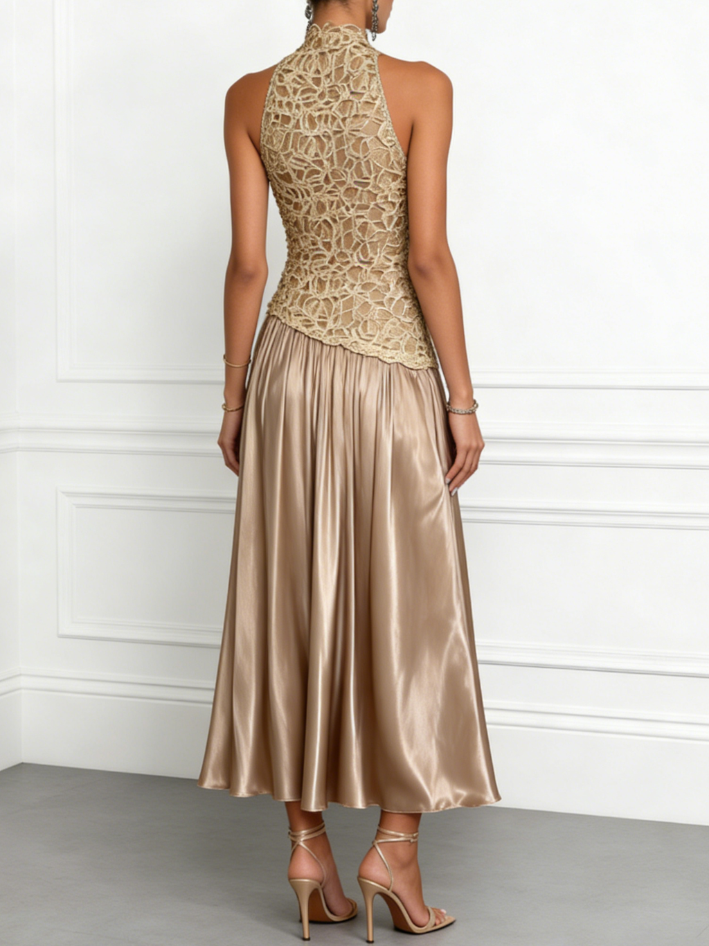 Champagne Lace Satin Halter Crew Neck Sleeveless A-Line Maxi Dress