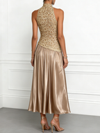 Champagne Lace Satin Halter Crew Neck Sleeveless A-Line Maxi Dress