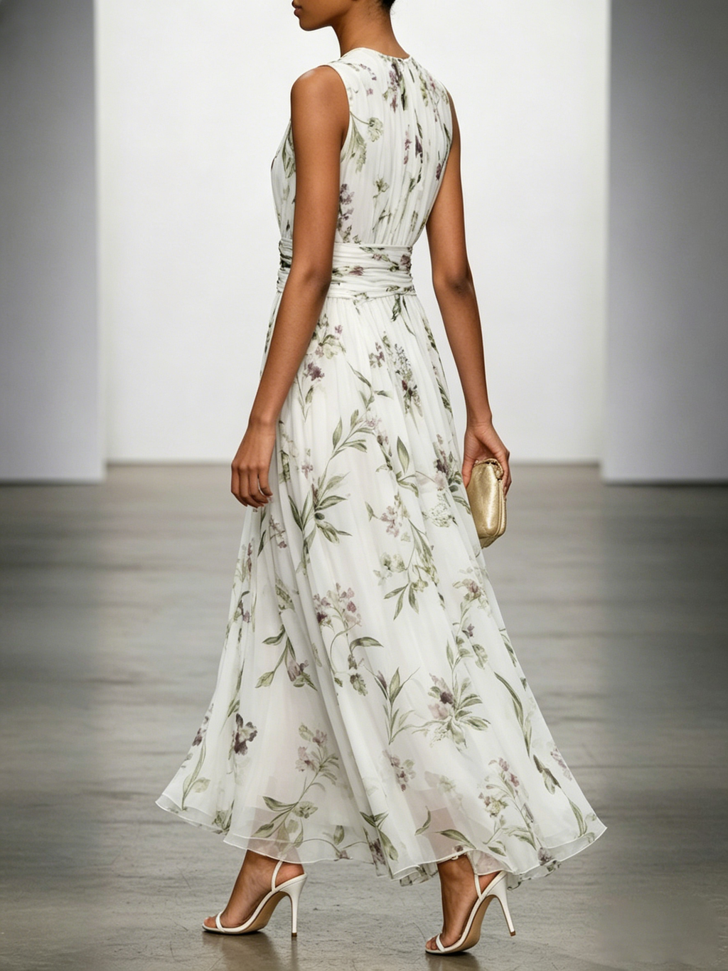 White Floral Chiffon Crew Neck Sleeveless A-Line Maxi Dress