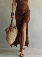 Elegant Mocha Satin Slim Fit Midi Dress With V-Neck Collar