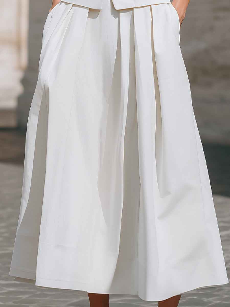 Structured Mandarin Collar Buttoned Vest & Pleated Midi Skirt Set