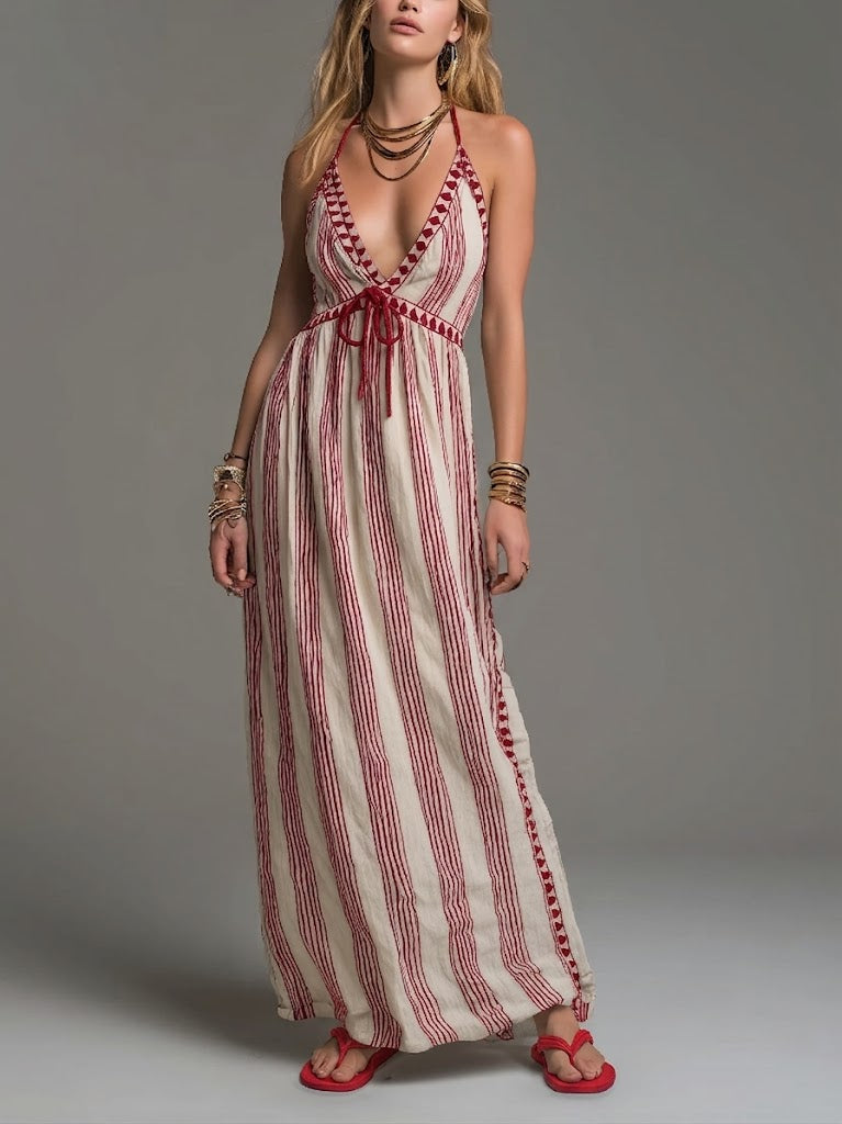 Bohemian Sleeveless Striped Linen And Cotton Dress