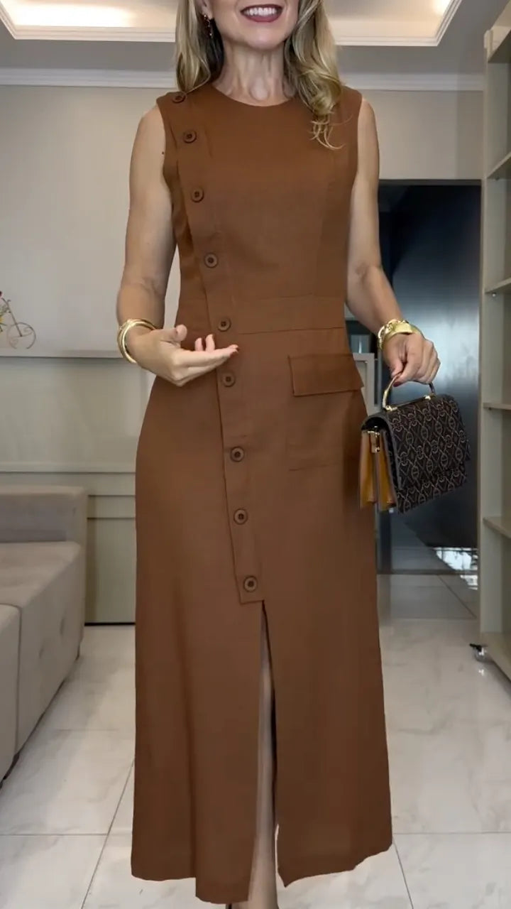 Brown Sleeveless Button‐Front Midi Dress