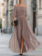 Off-Shoulder Pleated Chiffon Maxi Dress