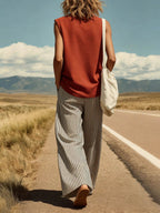 Women's Solid-color Round-neck Sleeveless Loose-fit Cotton Top & High-waisted Striped Wide-leg Cotton Pants Set