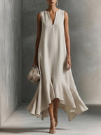 Women's V-neck Sleeveless Casual Loose Linen Dress
