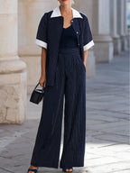 Navy Pinstripe Contrast Collar Short-Sleeve Shirt & High-Waisted Wide-Leg Pants