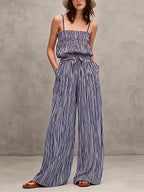 Women's Striped Print Casual Loose-fit Spaghetti Strap Wide-leg Cotton-linen Jumpsuit