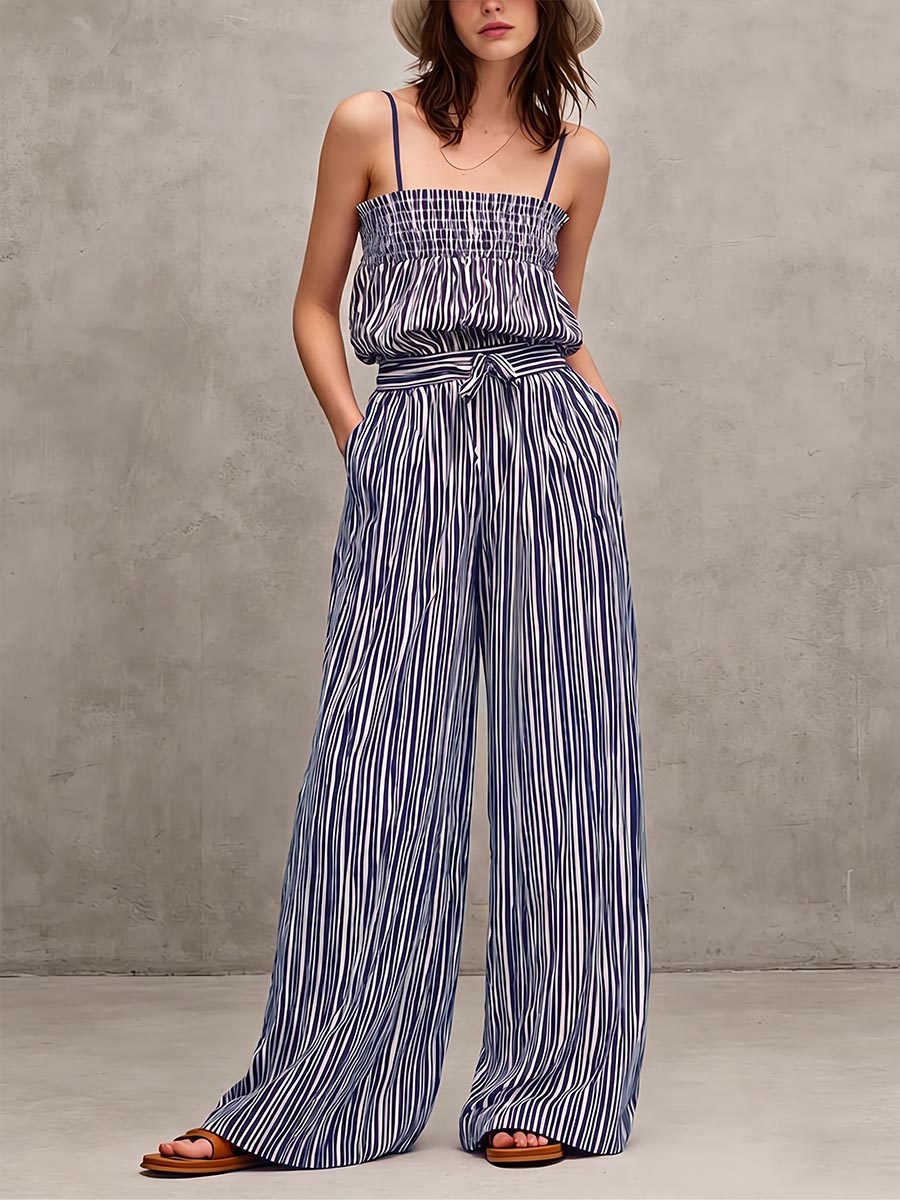 Women's Striped Print Casual Loose-fit Spaghetti Strap Wide-leg Cotton-linen Jumpsuit