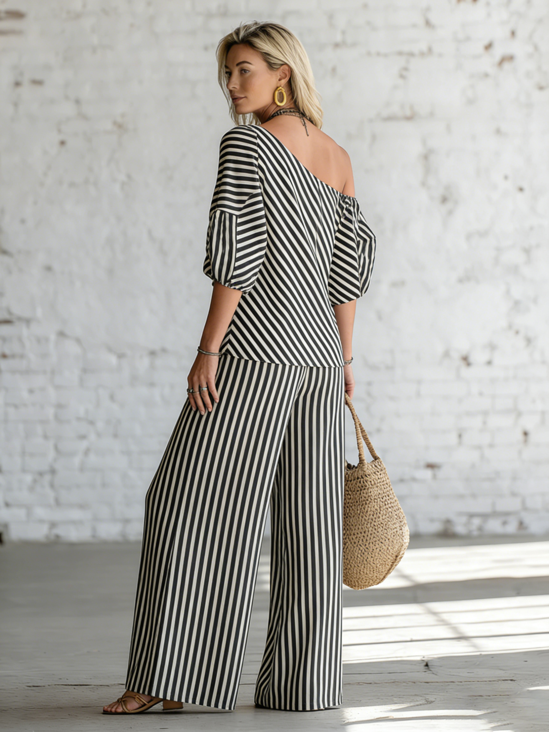 Elegant Classic Striped Off-shoulder Top And Wide-leg Pants Two-piece Set