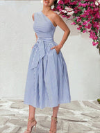 Stylish And Elegant Striped One-shoulder Cotton Dress