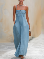 Light Blue Tencel Denim Spaghetti Strap Maxi Dress With Front Slit