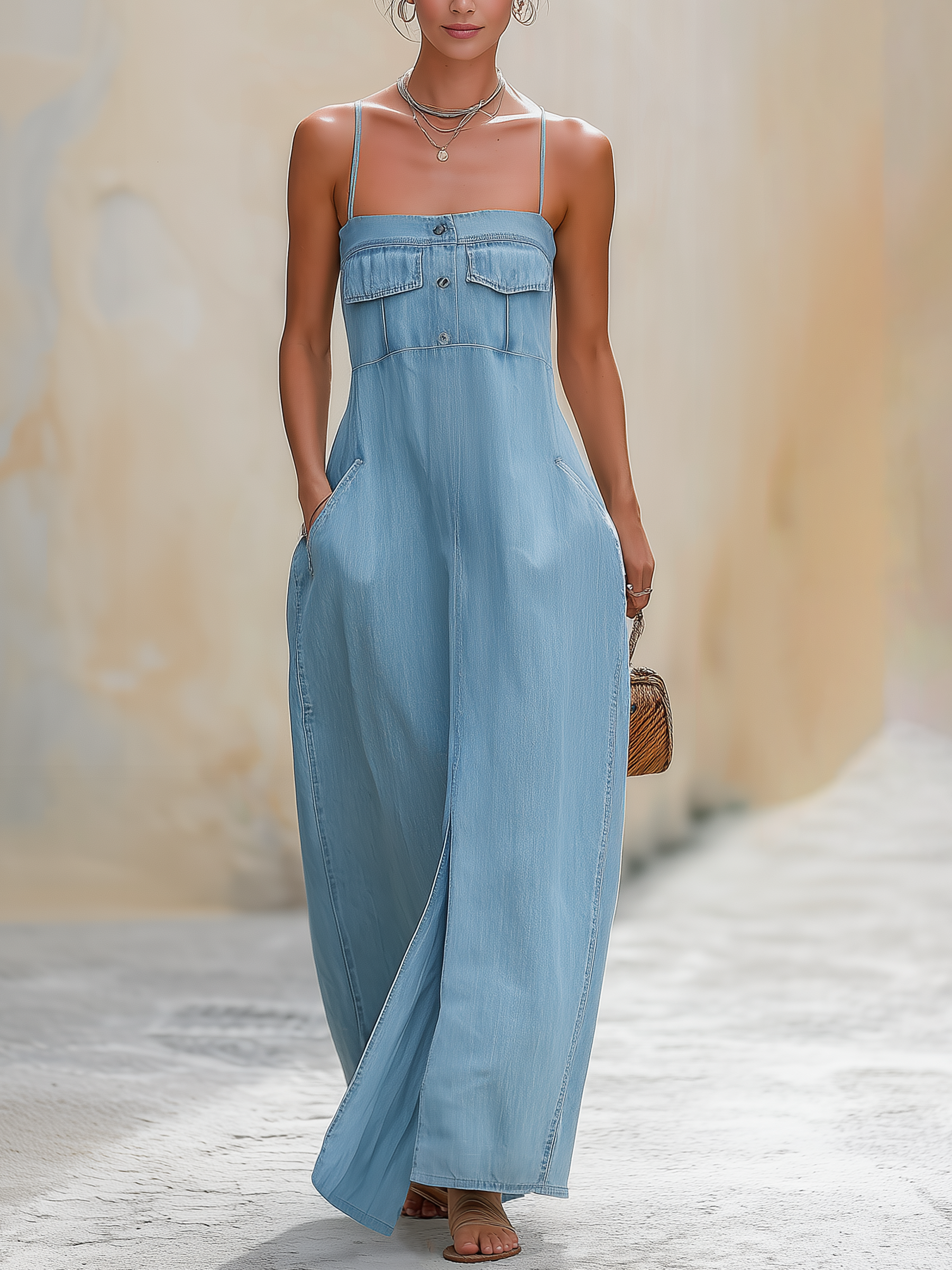Light Blue Tencel Denim Spaghetti Strap Maxi Dress With Front Slit