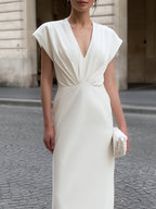 V-Neck Pleated Waist Maxi Dress With Cap Sleeves