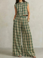 Women's Retro Striped Stylish Button Casual Top And Pants Cotton Linen Two-piece Set