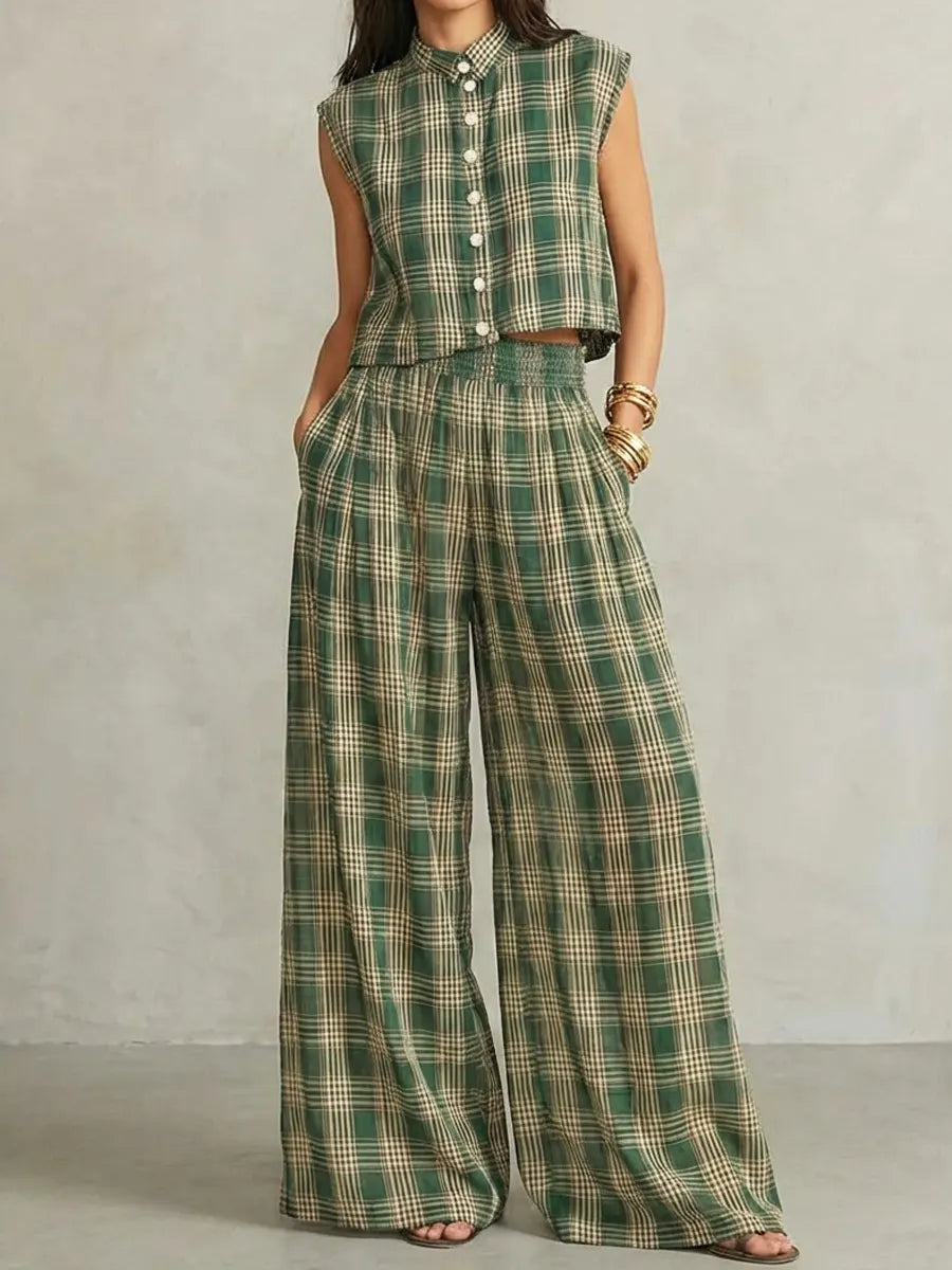 Women's Retro Striped Stylish Button Casual Top And Pants Cotton Linen Two-piece Set
