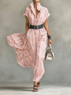 Women's Striped Printed Lapel Short-sleeved Casual Loose Cotton Linen Dress