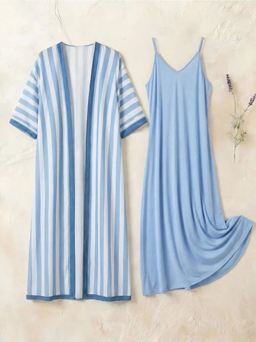Women's Striped Art Casual Cardigan And Solid Color Dress Cotton Linen Suits