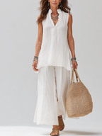 White Sleeveless Linen Top And Wide-leg Pants Suit