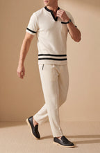 Men's Casual Beige & Black Color Matching Short Sleeved Henry Collar T-Shirt & Trousers Two-Piece Set