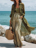 Women's Lapel Long Stylish Casual Top Comfortable Vest And Striped Pants Three-piece Set
