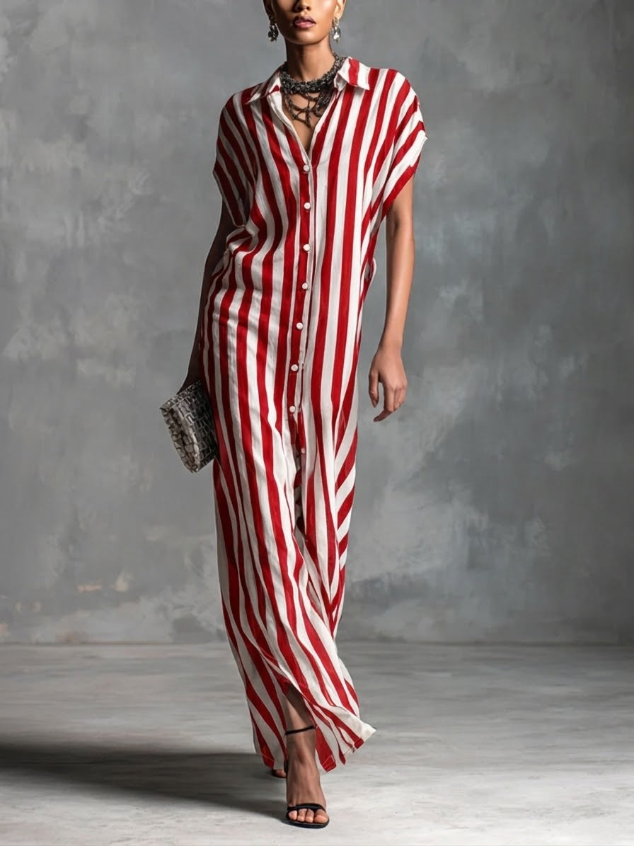 Casual Striped Linen And Cotton Shirt Dress