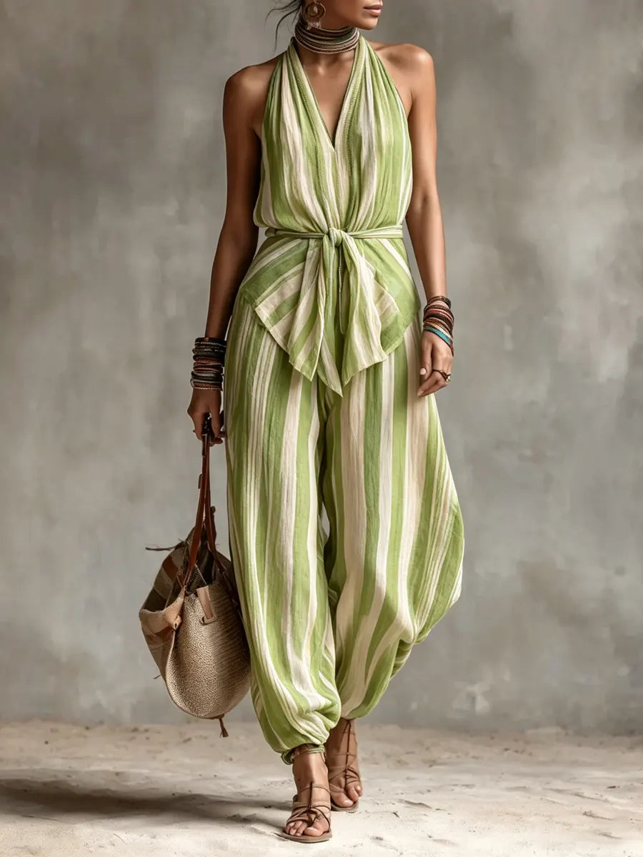 Women's Bohemian Halter Neck Striped Jumpsuit