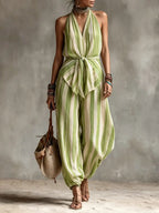 Women's Bohemian Halter Neck Striped Jumpsuit