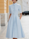 Stand Collar Button-Front Pleated A-Line Midi Dress