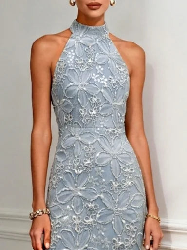 Light Blue 3D Floral Classic Halter Neck Sleeveless Sheath Denim Midi Dress