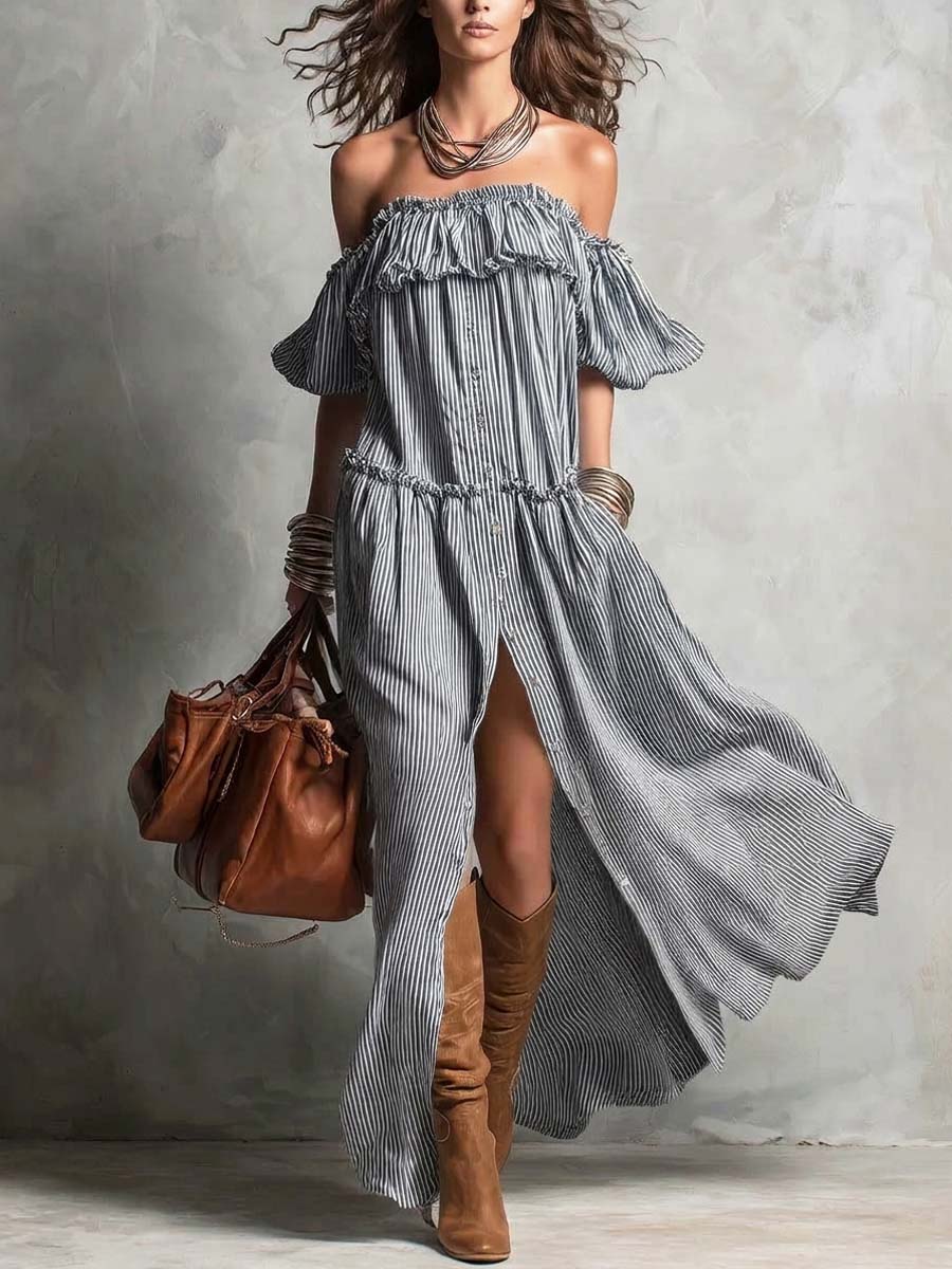 Women's Striped Art Print Casual Stylish Ruffled Vacation Maxi Dress