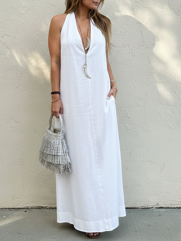 Stylish Elegant Minimalist Halter Neck Linen Maxi Dress
