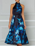 Halter Neck Floral Print A-Line Midi Dress