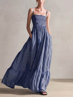 Women's Striped Print Sleeveless Casual Loose-fit Cotton-linen Sundress