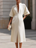 Zip-Front V-Neck Midi Dress With Structured Waist