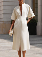 Zip-Front V-Neck Midi Dress With Structured Waist