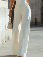 White Halter Deep V-neck Front-zip Waisted Wide-leg Jumpsuit