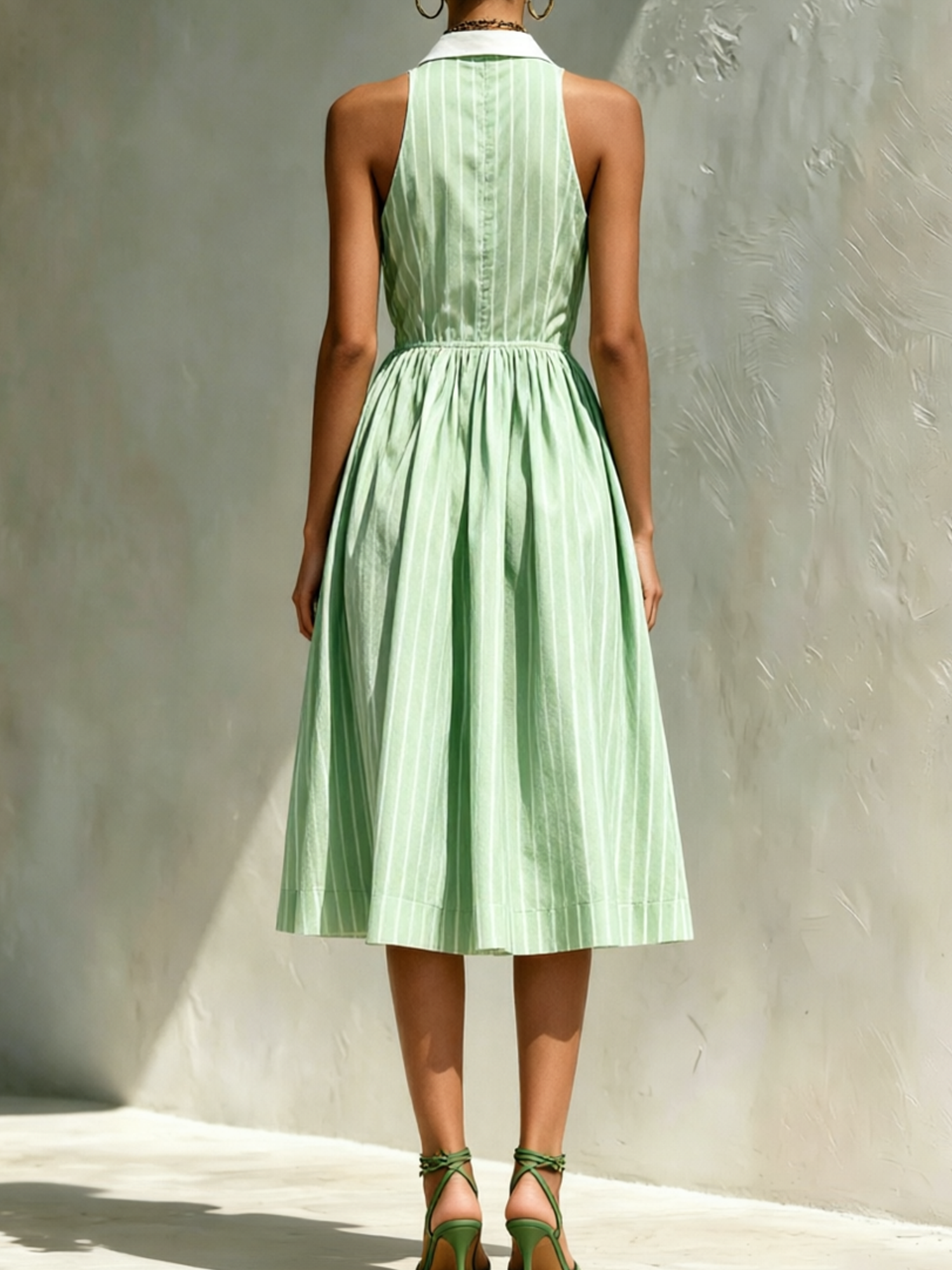 Striped Color-block Lapel Sleeveless A-line Dress With Cinched Waist