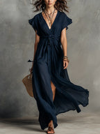 Fluid V-Neck Waist-Tie Maxi Dress
