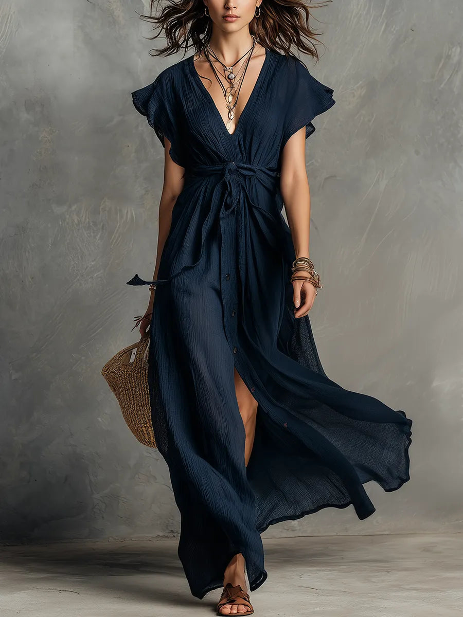 Fluid V-Neck Waist-Tie Maxi Dress