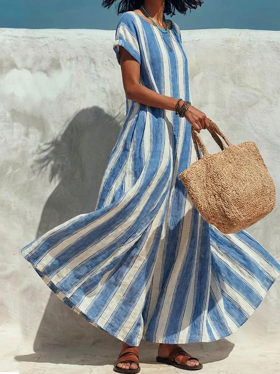 Women's Striped Art Round Neck Casual Stylish Cotton Linen Dress