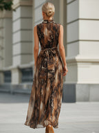 Sleeveless Printed Wrap Bodice Flowing Midi Dress