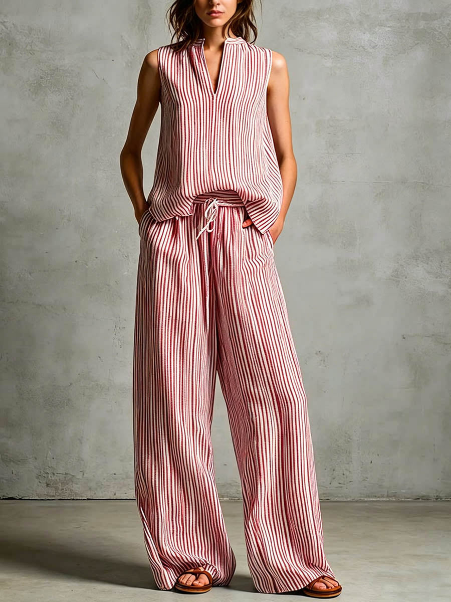 Women's Striped Print V-neck Sleeveless Casual Loose Cotton-linen Top & High-waisted Wide-leg Pants Set