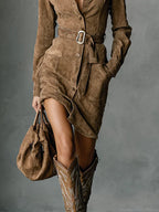 Suede Single Breasted Lapel Long Sleeve Midi Dress（Includes belt）
