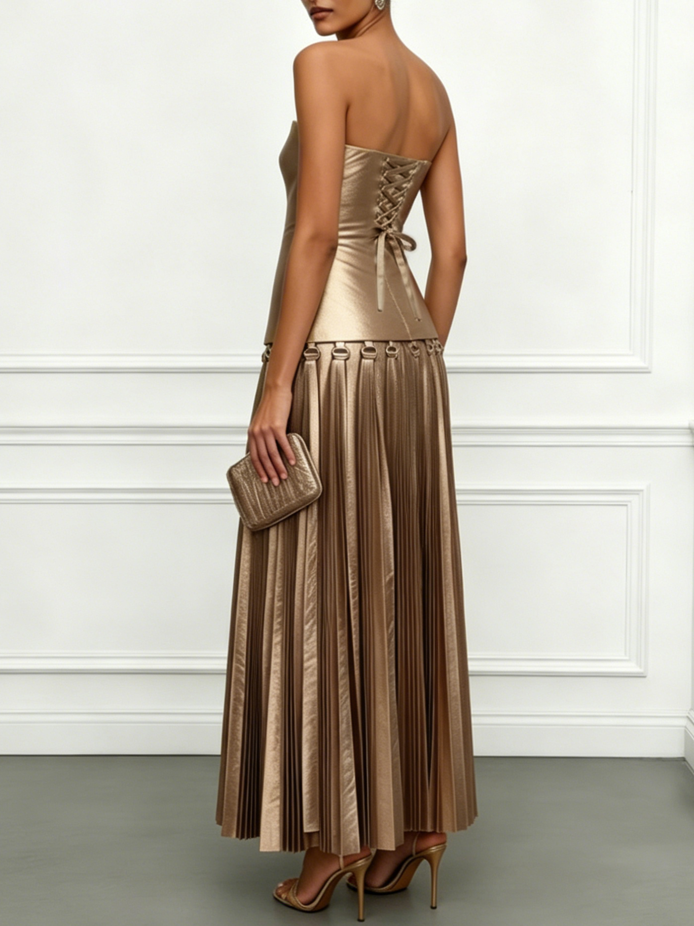 Golden Pleated Grommets Satin Strapless Sleeveless A-Line Maxi Dress