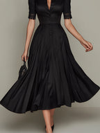 Elegant Satin Pleated Midi Dress With Lace Trim