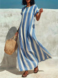 Women's Striped Art Round Neck Casual Stylish Cotton Linen Dress